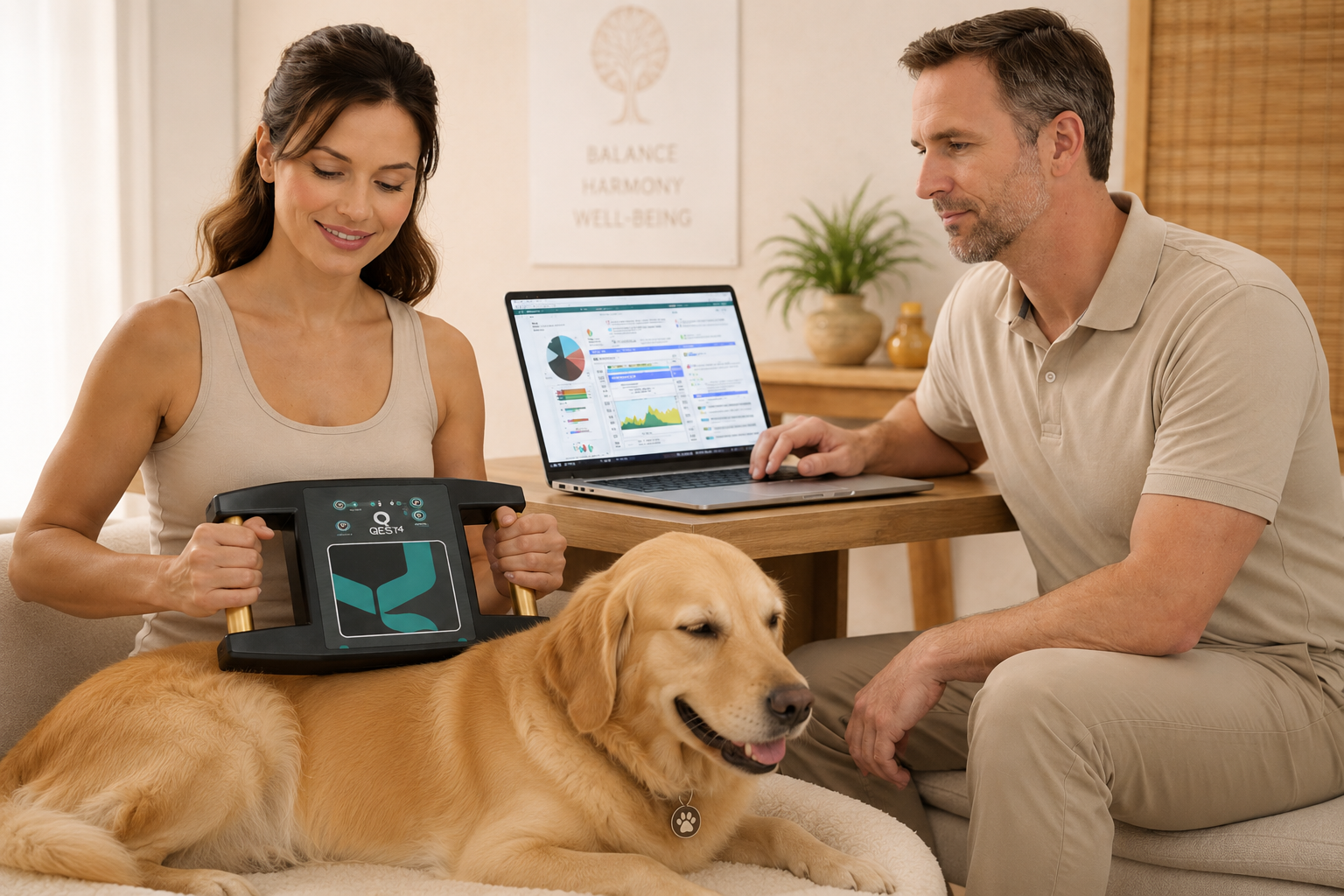 Bio-energetic scanning illustration with a dog and Qest4-style device